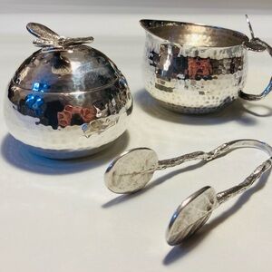 Michael Aram elegant silver plate lidded sugar bowl, tongs & creamer